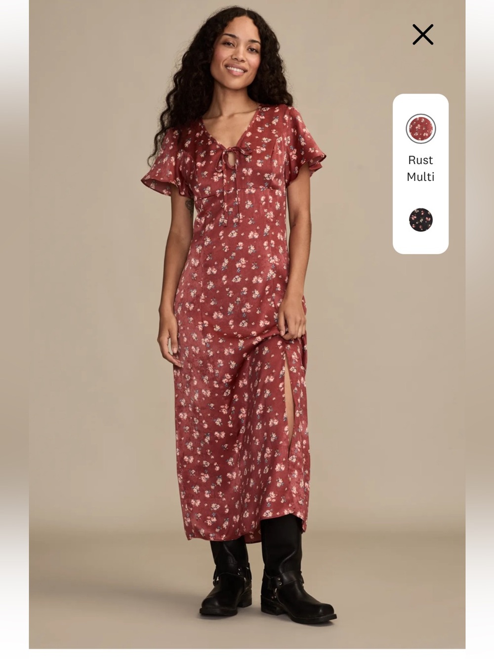 NWT Lucky Brand Rust Red Floral Flutter Sleeve Midi Dress Boho Front Slit Large